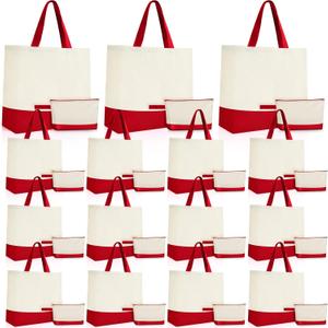 Sanwuta 30 Pcs Canvas Tote Bags Bulk with Zipper Cosmetic Pouch 18.5" Reusable Cotton Shopping Bag with Handle for DIY Craft (Red)