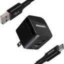 Philips USB Wall Charging Kit, 12W USB A Charger Block with 6ft USB A to USB C Braided Cord, Dual Port USB A Cube for iPhone 16 Series, 15 Series, iPad Pro, Foldable Plug Charging Box, DLP6212C/37