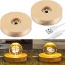 Honoson 2 Pcs LED Base Wood Light Display Base for Crystal Glass Art Resin Light Display Stand with 6 LED Wooden Crystal Resin Lamp for 3D Laser USB Only (Round)