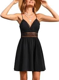 OPOIPIN Women's Lace Trim V Neck Spaghetti Strap Mini Dress Backless Sleeveless A Line Flare Ruffle Swing Skater Dress Black X-Small