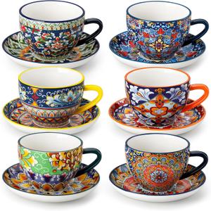 vancasso 8 oz Cappuccino Cups with Saucers Set of 6, Bohemian Ceramic Coffee Cup for Latte, Tea, Espresso, Microwave & Dishwasher Safe - Porcelain Latte Mugs for Kitchen or Cafe