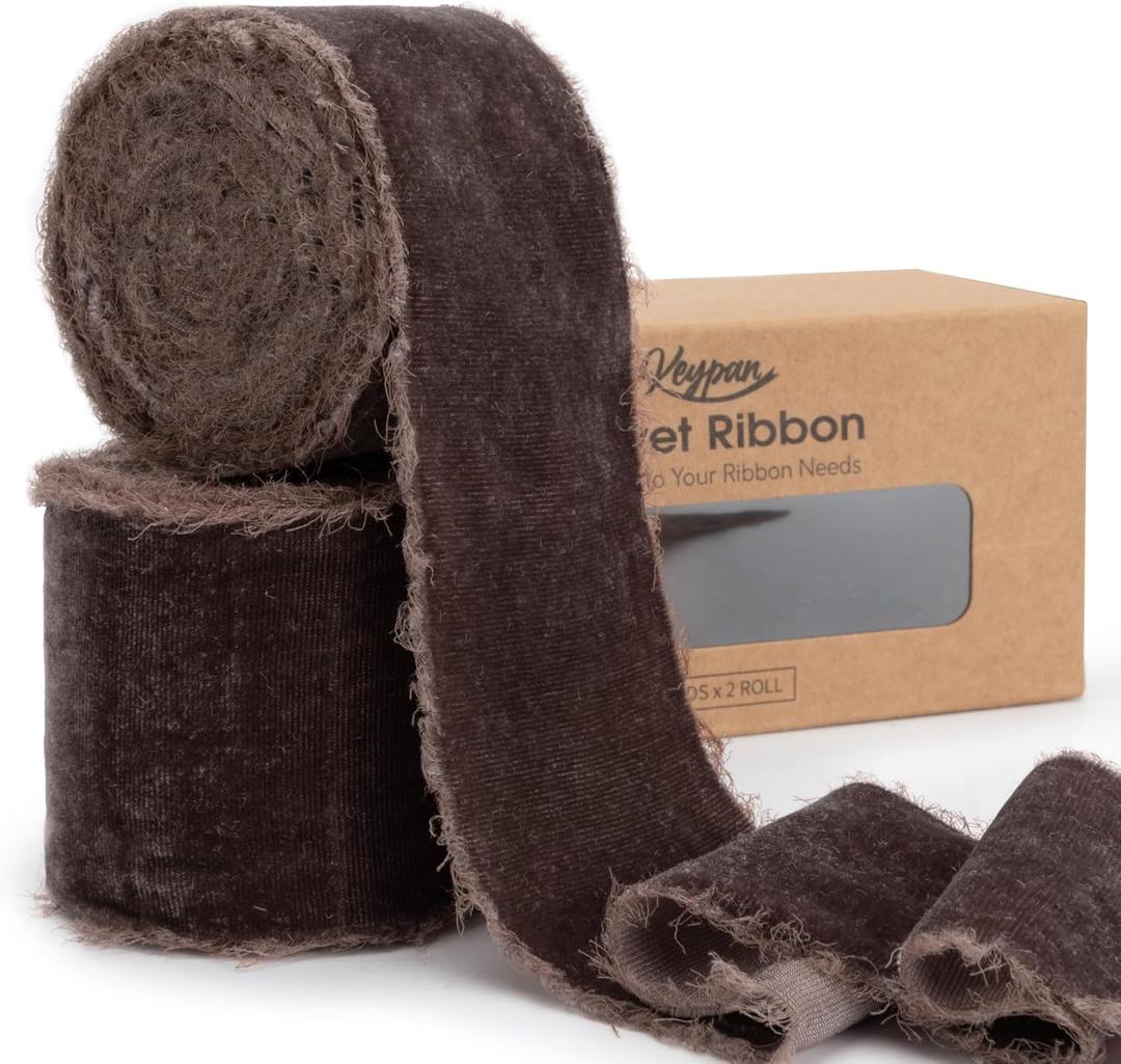 Keypan Brown Velvet Ribbon 2-1/2 Inch x 6 Yd Handmade Frayed Vintage Wide Ribbons for Christmas Tree Home Decor Wreath Craft Ornaments Gift Wrapping