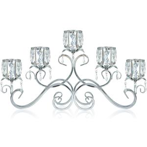 Silver 5 Arms 26.8 Inches Wide Crystal Pendant Bowl Tea Light Candle Holder, Large Bling Centerpiece Table Decorations, Metal Votive Candle Holders for Dining Table (Silver, Cup-Shaped)