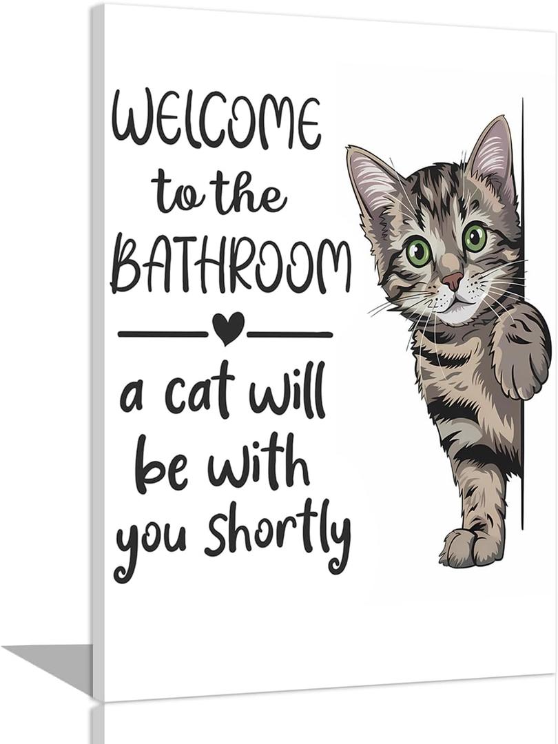 HNNXAR Funny Cat Bathroom Wall Art,Welcome To The Bathroom A Cat Will Be With You Shortly Paintings Posters,Black and White Funny Animal Canvas Pictures Prints Wall Decor 16x24in Framed