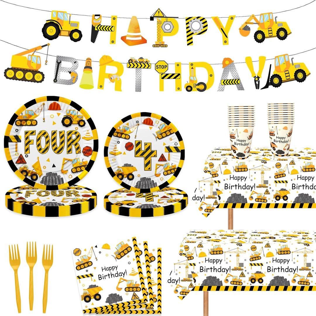 118 Pcs Construction 4th Birthday Decor Construction Four Years Old Paper Dinner Plates Napkins Forks Cups Tablecloth Banner Dinnerware for Dump Truck Theme Fouth Bday Party Supplies Decorations