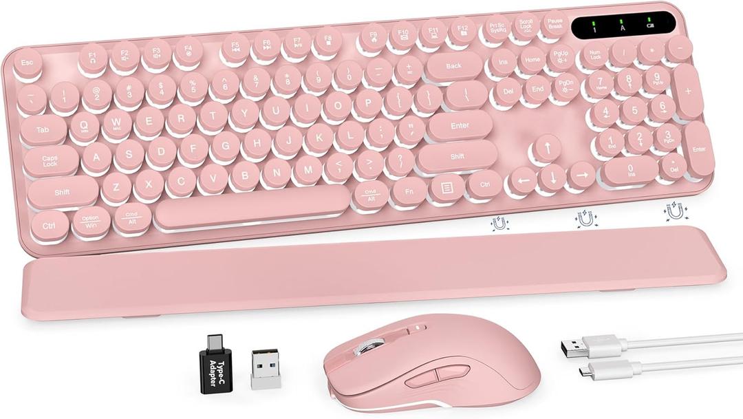 Wireless Keyboard and Mouse Combo, Round Backlit Keycaps, Retro Typewriter Keyboard with Detachable Wrist Rest, Rechargeable & Tilt Legs, 2.4GHz Cordless Connection for Windows/PC (Glowing Pink)