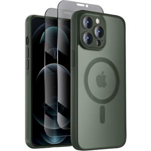 Symcele Designed for iPhone 12 Pro Case, Compatible with MagSafe, with Privacy Screen Protectors X2, [Camera Protection] [15FT Military Drop Protection] Shockproof Phone Case, 6.1", Alpine Green