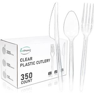 EcoDispose 350 Count Heavy Duty Disposable Silverware, BPA-Free Plastic Cutlery Set - 200 Forks, 100 Spoons, 50 Knives for Parties, Weddings, Catering & Daily Use
