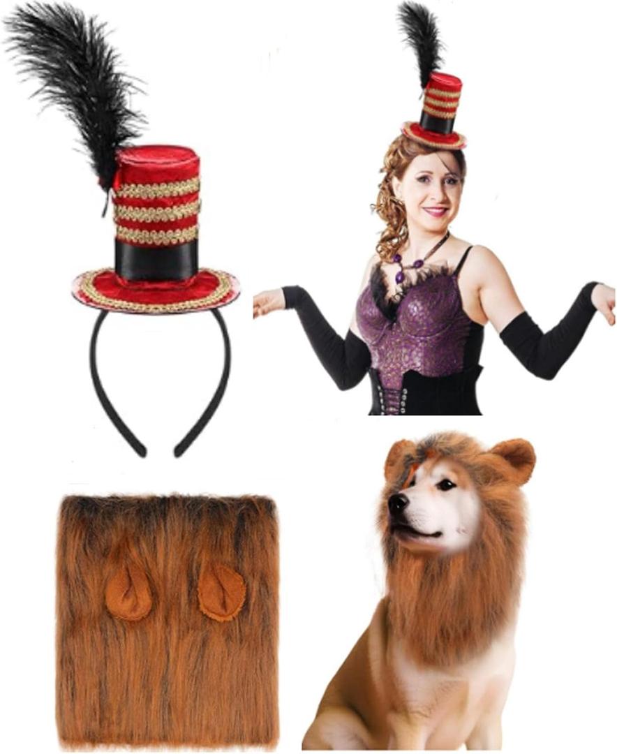 Halloween Ringmaster Costume 1 Pcs Circus Ringmaster Red Mini Top Hat Headband 1 Pcs Lion Mane for Dog Costume, Lion Tamer Headpiece for Halloween Party Drama Performance Dress up Cosplay