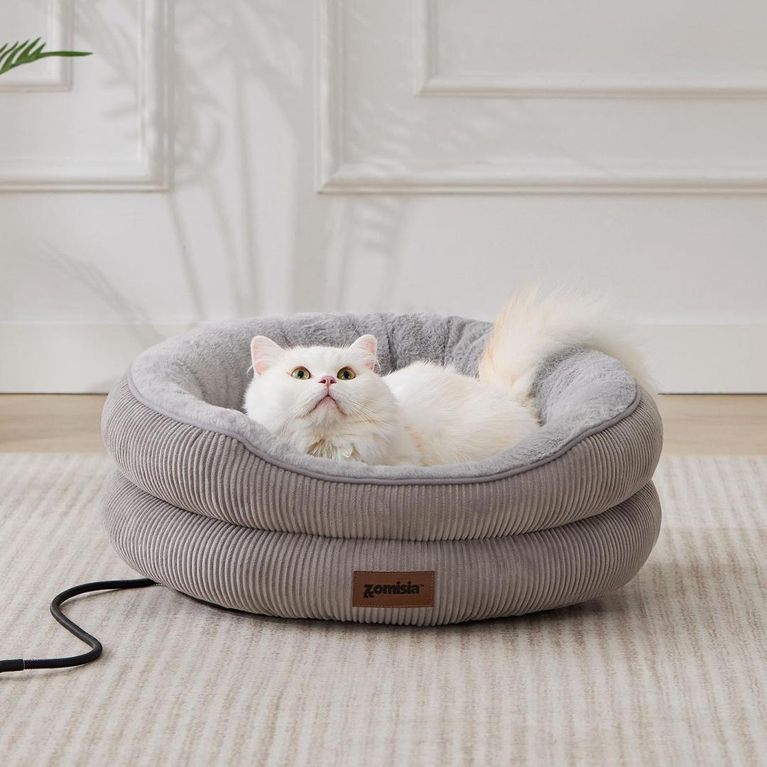 ZOMISIA Cat Heating Bed Indoor - Adiustable Temperature Pet Heating Pad with Timer and Chew Resistant Cord, Washable Puppy Bed with Non-Slip Bottom, 21" x 21" x 8", Grey
