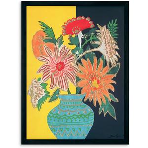 Yidepot Yellow Black Flowers Wall Decor - Vase Flower Boho Vintage Flower Pictures Fake Black Frame Colorful Art Work for Bedroom Walls 12"x16" Fake frame