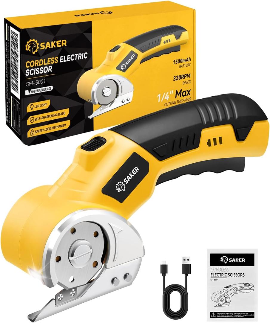 Saker Cordless Electric Scissors, Cardboard Box Cutter,4V Rechargeable Rotary Cutter with Safety Lock & LED Light, Cardboard Cutter for Cutting of Fabric, Leather, Carpet, Plastic, and More (Yellow 1 Blade)