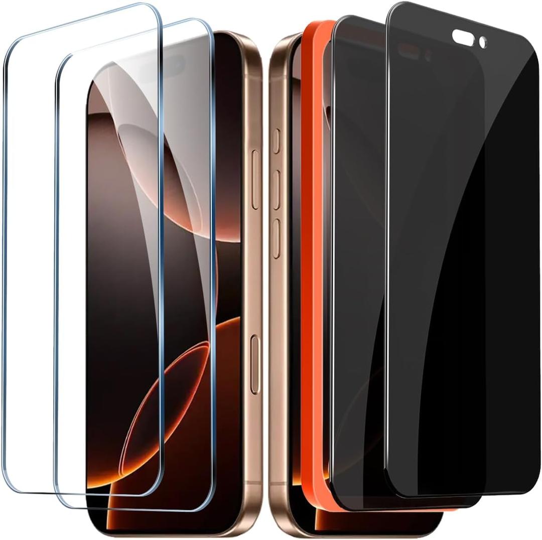 2 Pack Privacy Screen Protector + 2 Pack HD Tempered Glass Screen Protector for iPhone 16 Pro Max [6.9 inch], Dynamic Island Compatible, 9H Tempered Glass Film, Anti-Scratch, Case Friendly, Bubble Free
