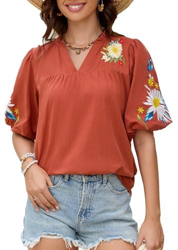 Women's Boho Floral Embroidered Cotton Blouse Casual V-Neck Puff Short Sleeve Loose Tunic Top for Summer Shirt, XL