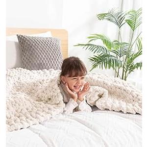 clootess Chunky Knit Blanket Knitted Throw Crochet Chenille Yarn Woven for Bed Sofa Textured Thick Cable Decor (Beige 40x60 in)
