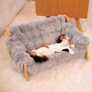 CHEERHOME PETS Elevated Cat Couch Bed for Indoor, Wooden Cats Sofa with Washable Fluffy Cover Raised Kitty Lounge Chair Suitable for Puppy(Cat Sofa Grey)