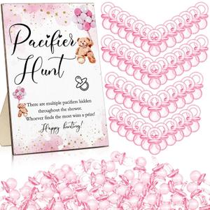 Roowest 51 Pcs Pacifier Hunt Baby Shower Game, Include Wooden Hunt Sign Bear Themed Baby Shower Sign Board with 50 Acrylic Pacifier Game for Gender Reveal Party(Pink)