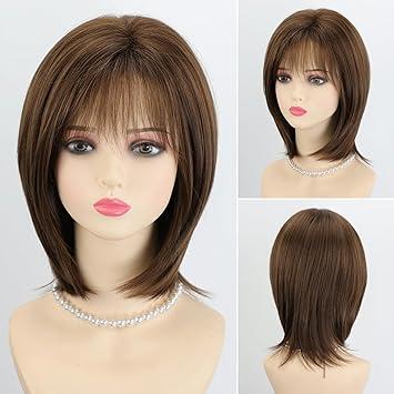 RENERSHOW Layered Mid-length Brown Bob Wig with Bangs Straight 12 inch Synthetic Hair Wigs for Women Mix Color Natural Average Size Daily Party Wig
