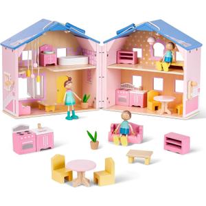 Giant bean Exquisite Pink Wooden Dollhouse for Girls with 2 Dolls and 12pcs Wooden Furniture,Foldable and Portable Pretend Play House Set with Handle, Christmas Birthday Gift for Girls Kids Age 3+