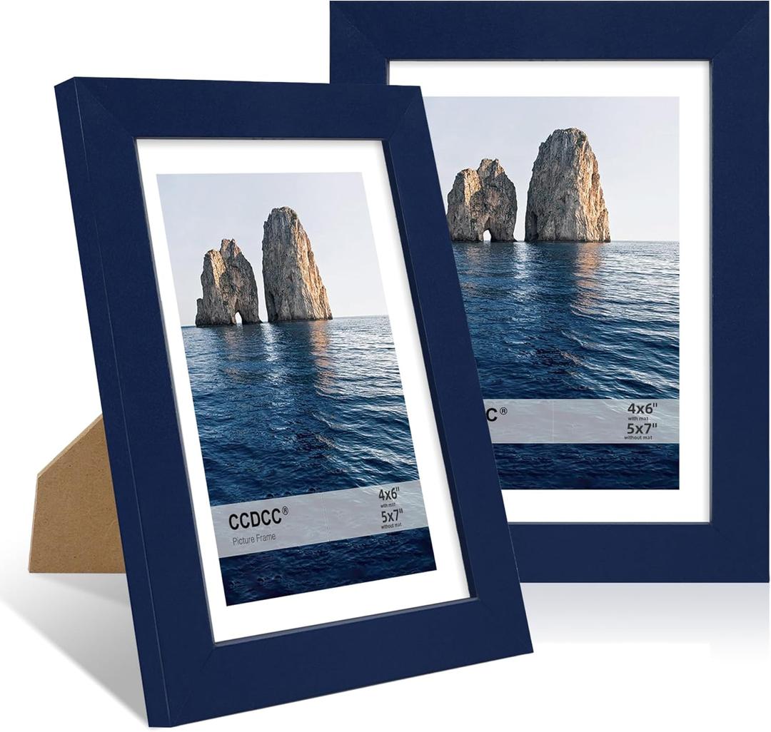 5x7 Picture Frame Set of 2, 5 x 7 Wood Photo Frames with Mat for 4x6, Natural Wooden Frame with Real Glass Cover for Wall and Tabletop Display,Blue