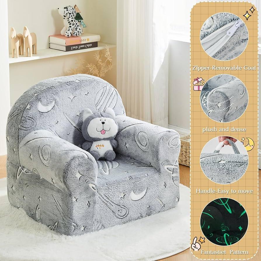 ILPEOD Toddler Sherpa Couch, Cuddly Comfy Plush Chair, Glow in The Dark Starry Sky Grey