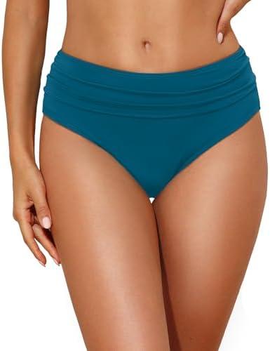 Tempt Me Women Mid Rise Bikini Bottoms Full Coverage Swimsuit Ruched Scrunch Swim Bottom Size M