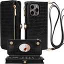 Crossbody Wallet Case for iPhone 15 Pro Max with Mirror, Wrist Strap, Zipper Purse Magnetic Flip RFID Blocking Card Holder, Wireless Charging, PU Leather Shockproof 6.7" Women (Black)