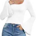 LYANER Women's Long Sleeve Tops U Neck Bell Sleeve Slim Fit Going Out Outfits Fashion Shirt (White, XS)