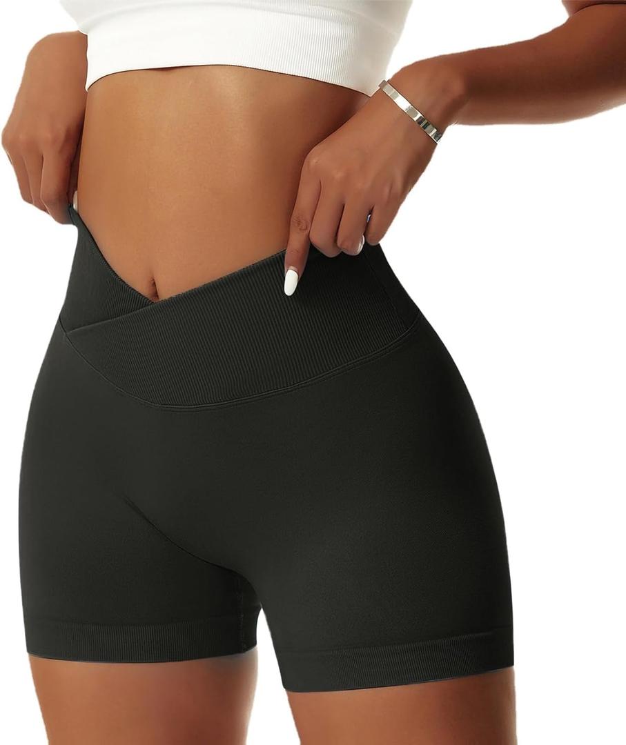 Vertvie Women's Workout Gym Shorts Booty V Cross Spandex Yoga Biker Shorts Scrunch Butt High Waisted Athletic Leggings (Medium, Black)