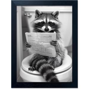 Cute Raccoon Wall Decor Animal Bathroom Wall Art Black and White Raccoon on Toilet Canvas Picture Print Farmhouse Framed Cute Painting Restroom Decoration Ready to Hang (16"L x 12"W, JK0303)