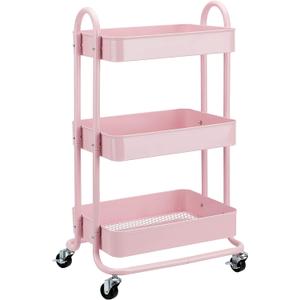 Amazon Basics 3-Tier Rolling Utility or Kitchen Cart, Lockable Wheels, Multifunctional Storage, Dusty Pink
