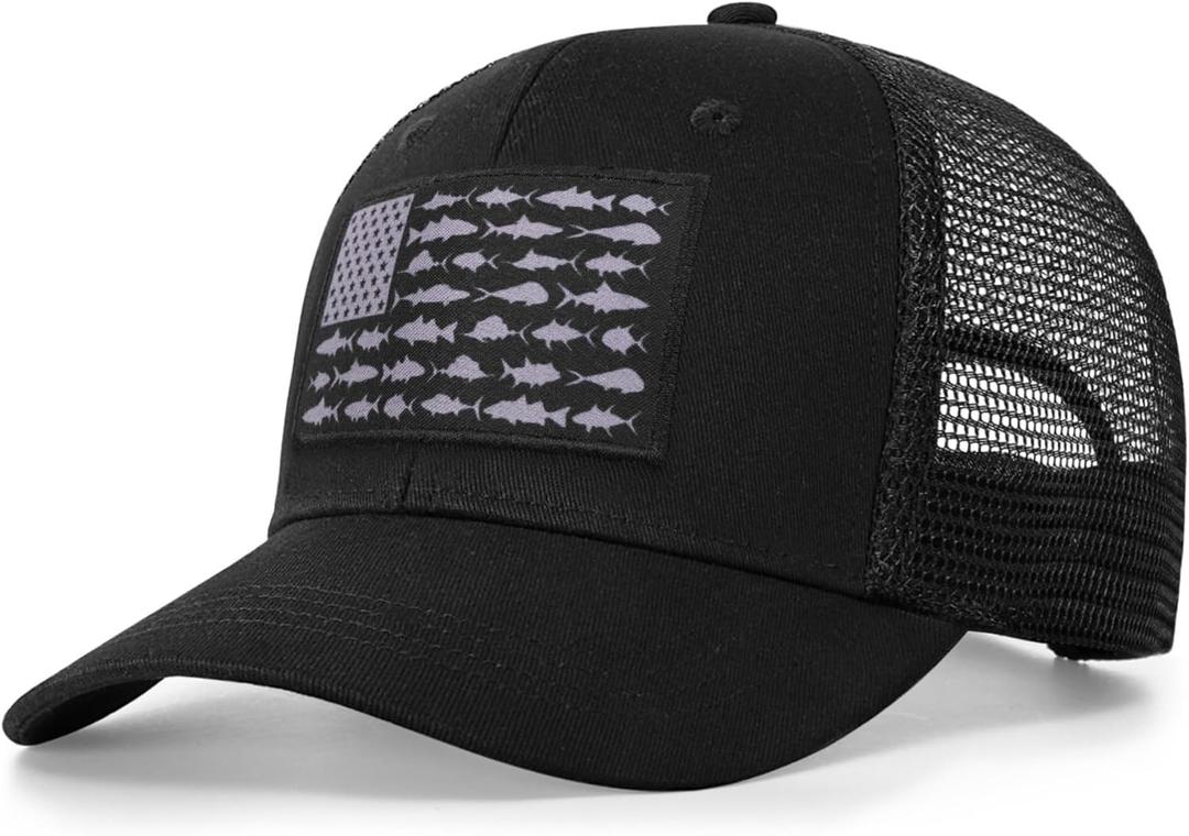 American Fish Flag Trucker Hats - Fishing Gifts for Men - Outdoor Snapback Fishing Hats Perfect for Camping and Daily Use (One Size, 01.fishflag-black)