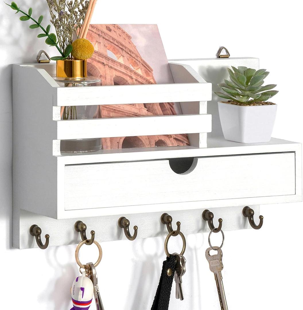 dreampossible Key and Mail Holder for Wall, Mail Organizer Wall Mount with 6 Hooks and Storage Drawer, Wooden Key Rack Hanger with Shelf for Entryway and Home Decor