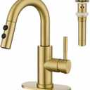 Bathroom Sink Faucet with Pull Down Sprayer, Brushed Gold Single Handle Pull Out Faucet with Pop-Up Drain, 1 or 3 Hole Laundry Bar Basin Faucet with Deck Plate, KBL-7002BG-CL