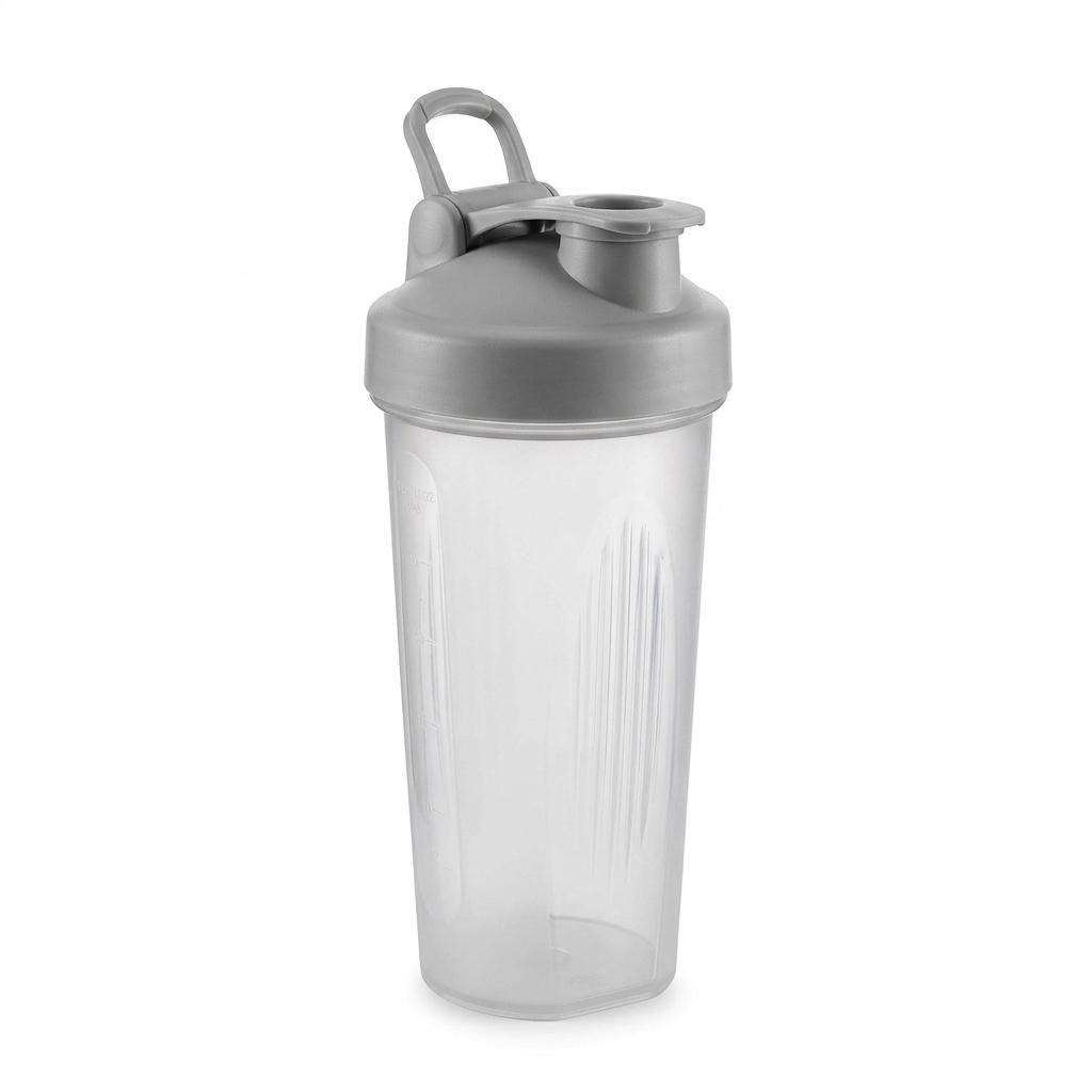 light gray, semi-transparent plastic protein shaker bottle, 28 OZ