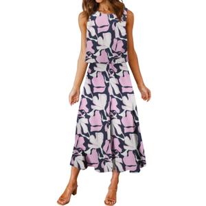 ROYLAMP Women's Summer 2 Piece Outfits Round Neck Crop Basic Top Cropped Wide Leg Pants Set Jumpsuits Navy Blue+Purple Floral XL ROYLAMP Women's Summer 2 Piece Outfits Round Neck Crop Basic Top Cropped Wide Leg Pants Set Jumpsuits Navy Blue+Purple Floral XL