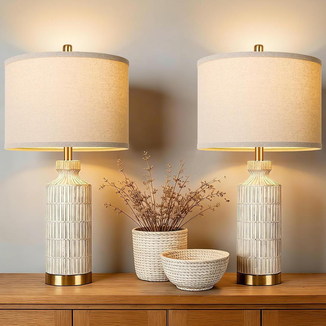26" White Washed Ceramic Table Lamp, Modern Desk Lamp,Gold Metal Base
