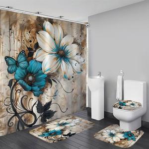 AZHM 4PCS White and Blue Artistic Painted Flowers Shower Curtain Set Floral and Butterfly Bathroom Sets with Rugs and Accessories