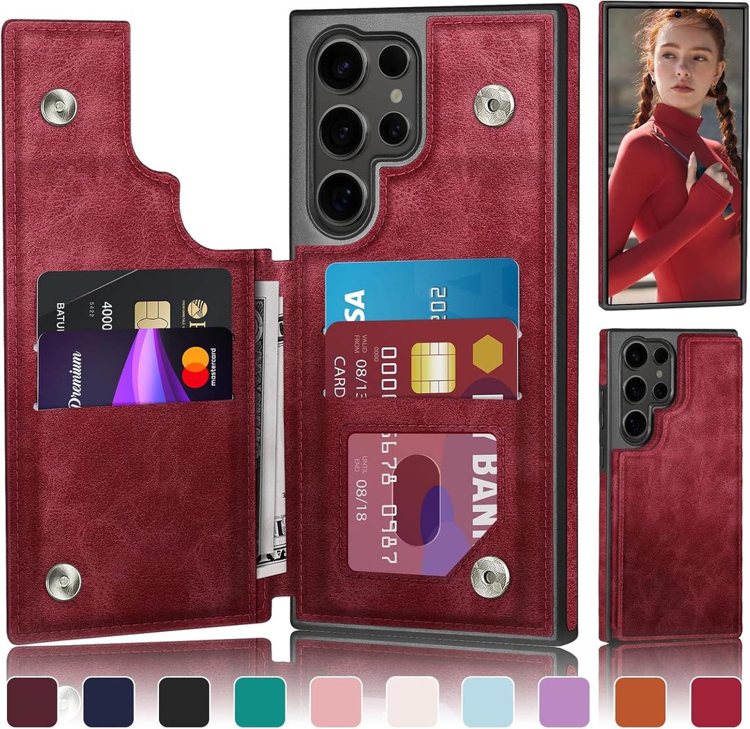 DJDUCK Designed for Samsung Galaxy S25 Ultra Case Wallet with Card Holder, [Magnetic Clasp Cover] [RFID Blocking Leather Protection] Shockproof Women Men Cases for Samsung S25 Ultra Red