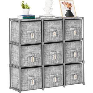 9 Cube Closet Organizer with Beautiful Printed Drawers + Labels, Storage Shelf, Toy Cubby Organizer (Grey)