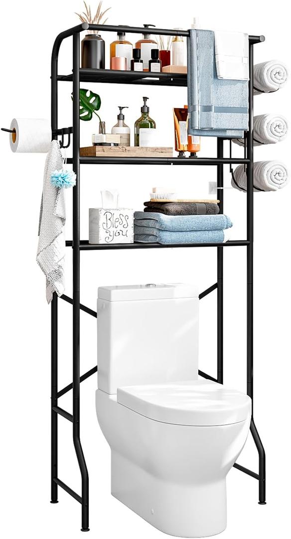 Over The Toilet Storage Metal 3 Tier Bathroom Organizer Shelf with Paper Holder Easy to Assemble & Space Saving (Black)