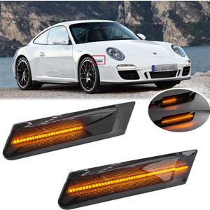 2Pcs LED Dynamic Sequential Blink Side Marker Lamp Light Kit for Porsche Carrera 2005-2013 for Boxster 987 2005-2012 Cayman 2006-2012 Smoked Lens Amber LED Front Turn Signal Side Marker Lights