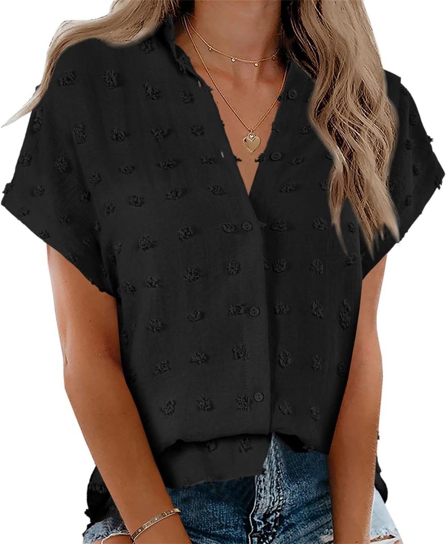 Beautife Womens Short Sleeve Shirts V Neck Collared Button Down Shirt Tops with Pockets (X-Large, Zy-black)
