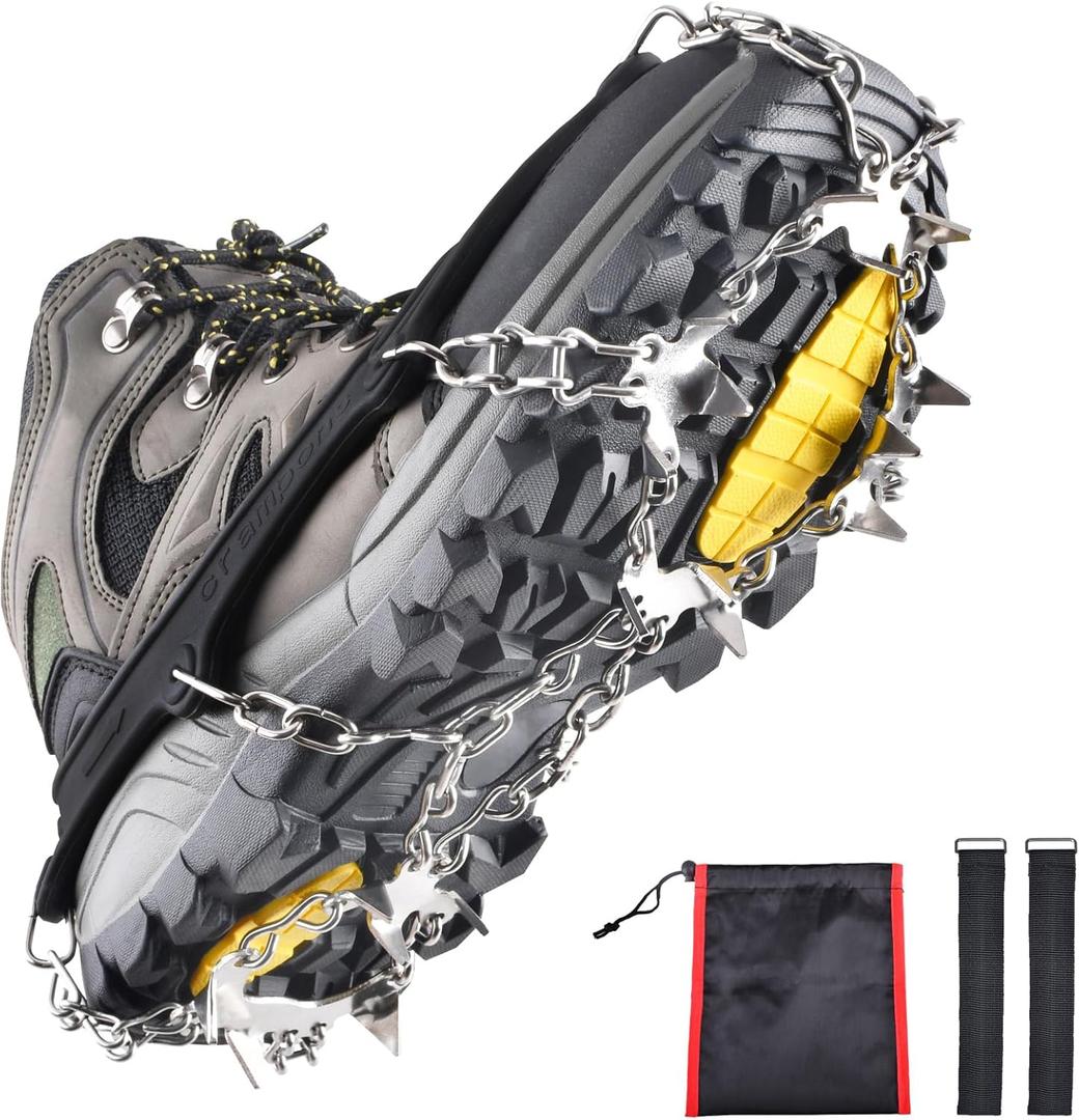 Azarxis Walk Traction Ice Snow Cleat Treads Grips Grippers Crampons Creepers with 19 Spikes for Shoes Boots Men Women Walking Climbing Hiking Fishing Heavy Duty Anti Slip Stainless Steel (Black, M)