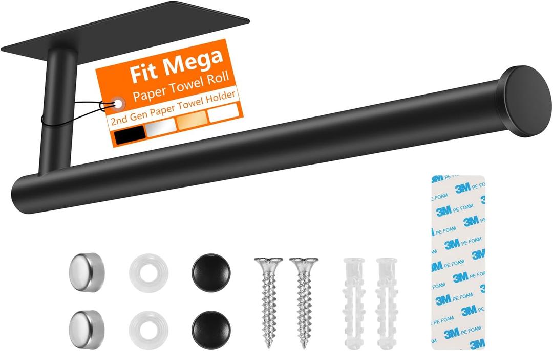 2nd Gen Paper Towel Holder Under Cabinet No Drilling, [More Sturdy] Self Adhesive or Drilling Paper Towel Holder Wall Mount for Kitchen,RV [Fit Mega Paper Towel Roll] SUS304 Stainless Steel