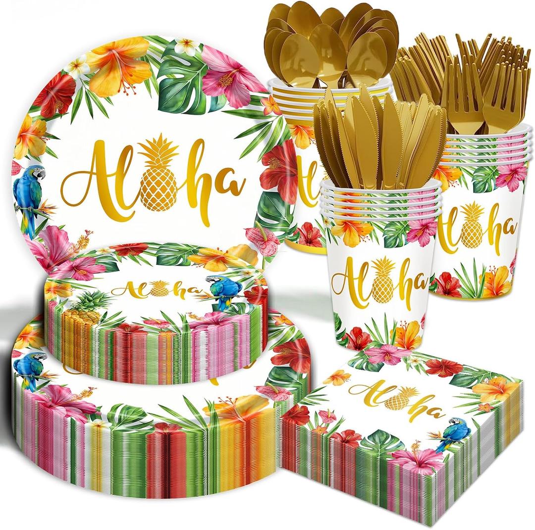 350Pcs Hawaiian Luau Party Decorations Aloha Tropical Tropical Hibiscus Floral Tableware Supplies Hawaii Palm Leaves Plates for Summer Hawaiian Birthday BBQ Pool Beach Party Supplies Serves 50 Guests