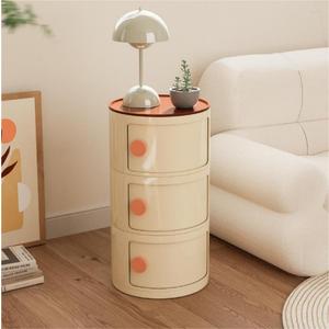 3 Tiers Round Storage Cabinet with Sliding Doors, Detachable Side Table with Storage Free Standing End Table Lightweight Drawer Organizer Beige for Living Room Bedroom