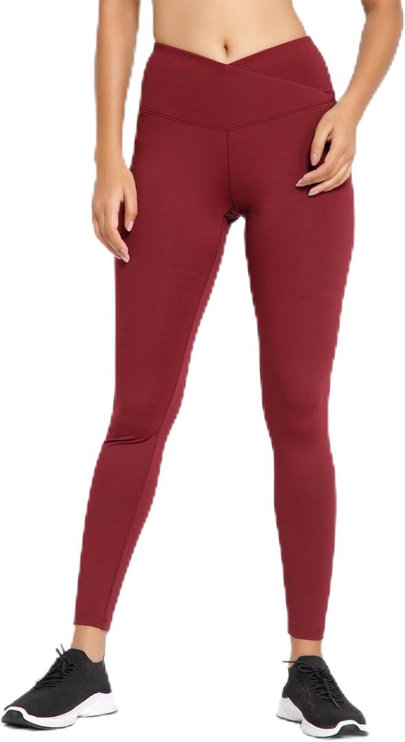 RIYU Crossover High Waisted Leggings Women's Yoga Pants Workout Clothes for Gym Activewear for Petite Sizes (Red, S)