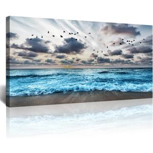 Lapremoly Black And White Beach Wall Painting Canvas Wall Art For Living Room Wall Decor For Bedroom Office Wall Decor Blue Sea Wave Pictures Artwork Modern Hotel Room Home Wall Decoration 20x40 In