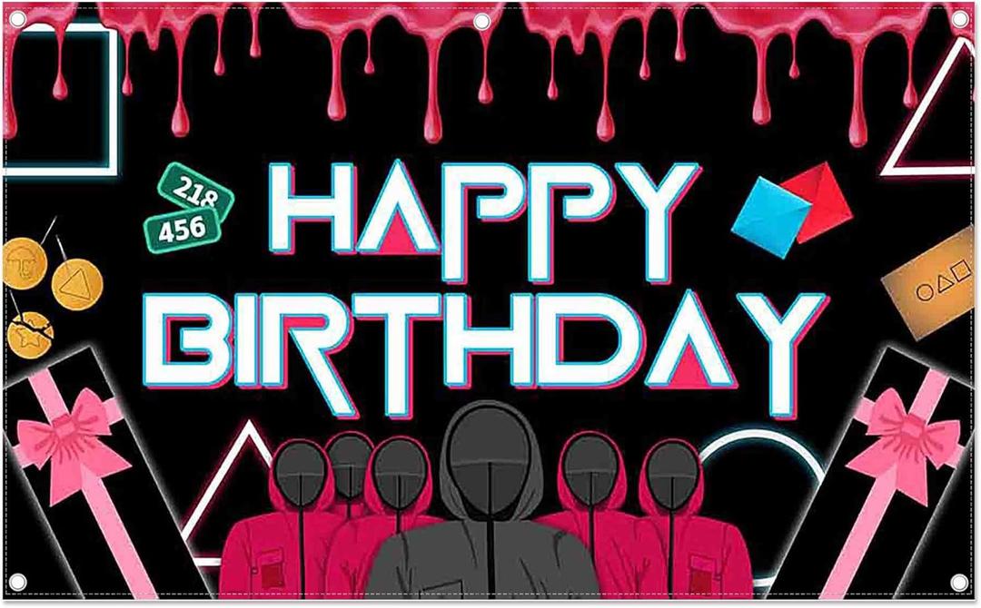 96x60inch Fabric Happy Birthday Backdrop Black and Pink Sugar Cookies Mysterious Man Photography Background Adult Thrills Party Decorations Photo Banner Props